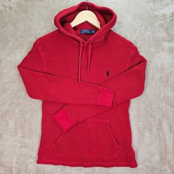 Polo Ralph Lauren Knit Hoodie Waffle Thermal Pullover Sweater Classic Red Size S - Picture 1 of 11